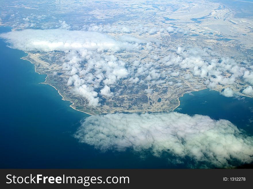 Cloudy canada coast, aerial view. Cloudy canada coast, aerial view