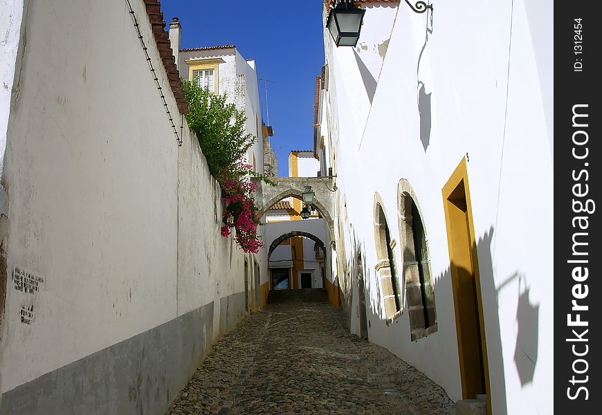 Street and arches along an old cobblestone street in evora, portugal