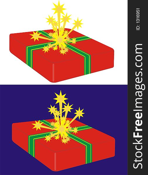 Christmas present in red wrapping with star ornaments A3- each part of the picture makes an A4 paper. Christmas present in red wrapping with star ornaments A3- each part of the picture makes an A4 paper