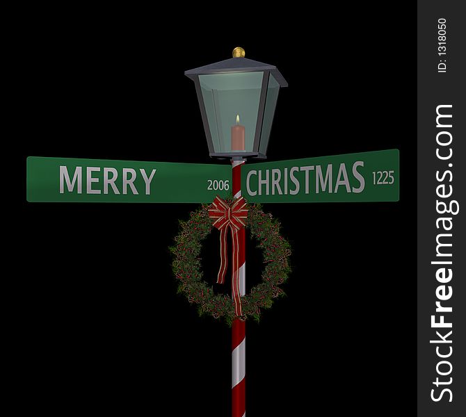 Merry Christmas Street Sign with a lit lantern and wreath on black.