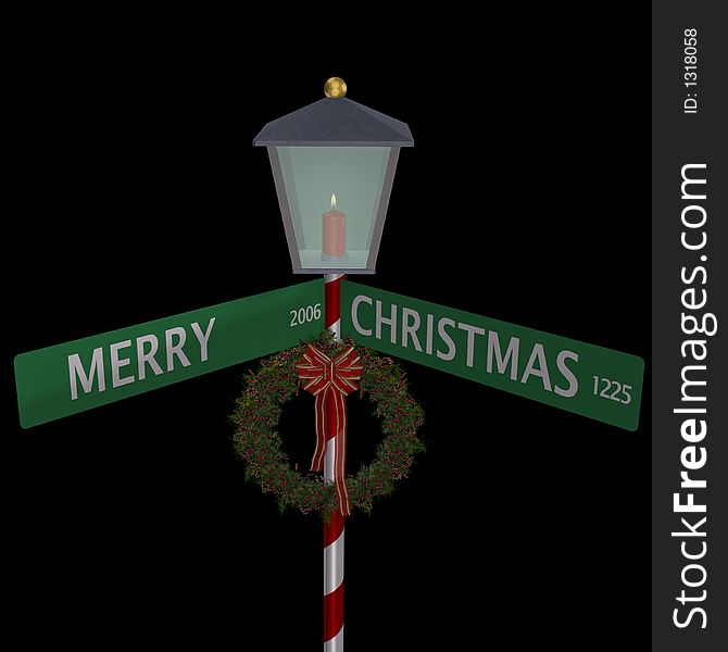 Merry Christmas Street Sign with lit lantern and wreath on black.