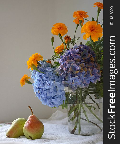 Hydrangeas, pears, jar, water, flowers. Hydrangeas, pears, jar, water, flowers