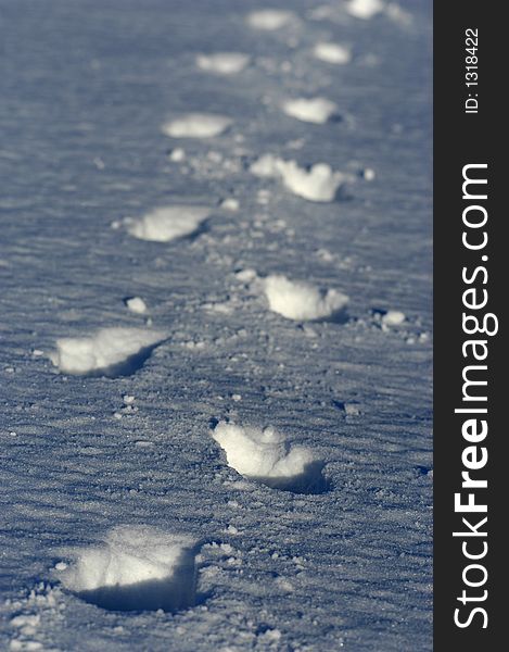 Picture of footprints in snow in winter time.