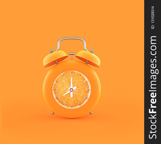Orange alarm clock on orange color background , Fresh concept .