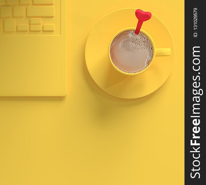 Coffee milk in yellow cup on work desk beside laptop yellow pastel color and copy space for your text. minimal concept 3d render.