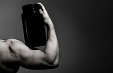 Steroid, Sport Vitamin, Doping, Anabolic, Protein. Muscular Hand, Tricep. Strong Hand, Man Arm, Fist. Muscular Arm Royalty Free Stock Photos