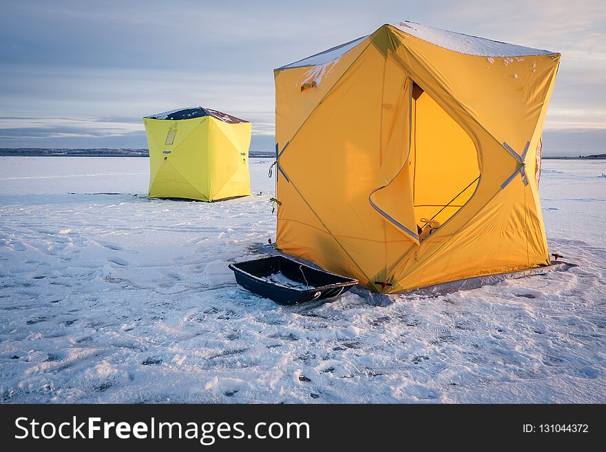 Tent for winter fishing stands on the sea. Tent for winter fishing stands on the sea