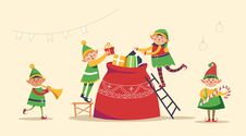 Christmas Winter Holiday, Elves Getting Ready For Holiday Vector. Stock Photo