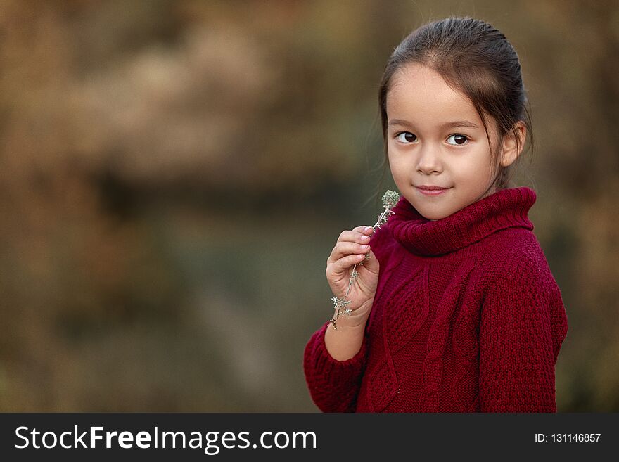 Little Girl Playing With Autumn Fallen Leaves