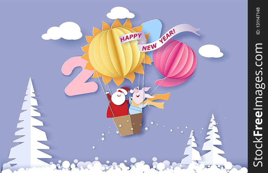 Color paper cut design and craft winter landscape with tree, Santa Claus and pig flying with air balloons. Holiday 2019 year and christmas design. Vector illustration. New Year card. Color paper cut design and craft winter landscape with tree, Santa Claus and pig flying with air balloons. Holiday 2019 year and christmas design. Vector illustration. New Year card.