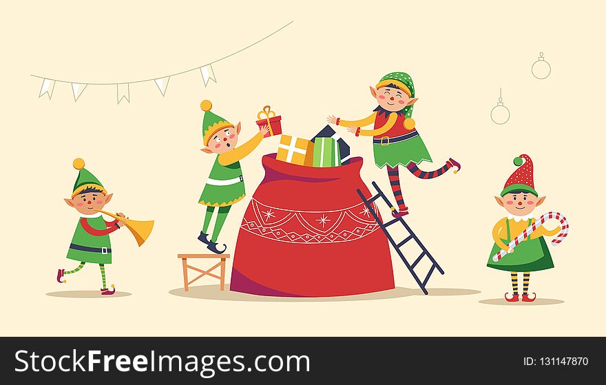 Christmas winter holiday, elves getting ready for holiday vector. Children, santa claus helpers gathering presents into sack and decorating evergreen pine tree. Gifts with wrapped paper and ribbons