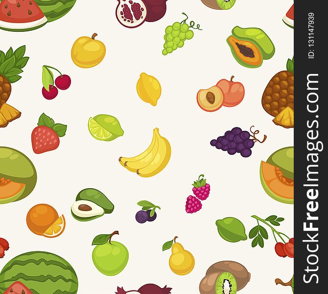 Banana and watermelon, cherry and pineapple fruits seamless pattern isolated on white background. Avocado and peaches, apples and pomegranates, kiwi and strawberries with raspberries set vector