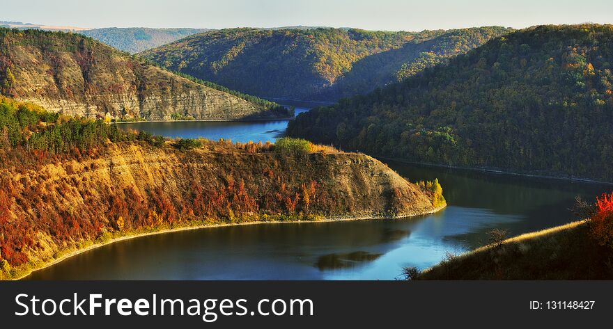 Picturesque canyon of the Dniester River. autumn sunrise by the river