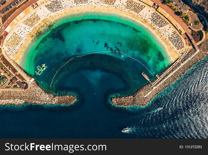 Aerial view of the Amadores beach on the Gran Canaria island in Spain. The most beautiful beach on the island.
