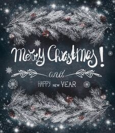 Christmas Greeting Card With Hoar And Snow Covered Fir Branches With Cones And Text Lettering: Merry Christmas And Happy New Year Stock Images