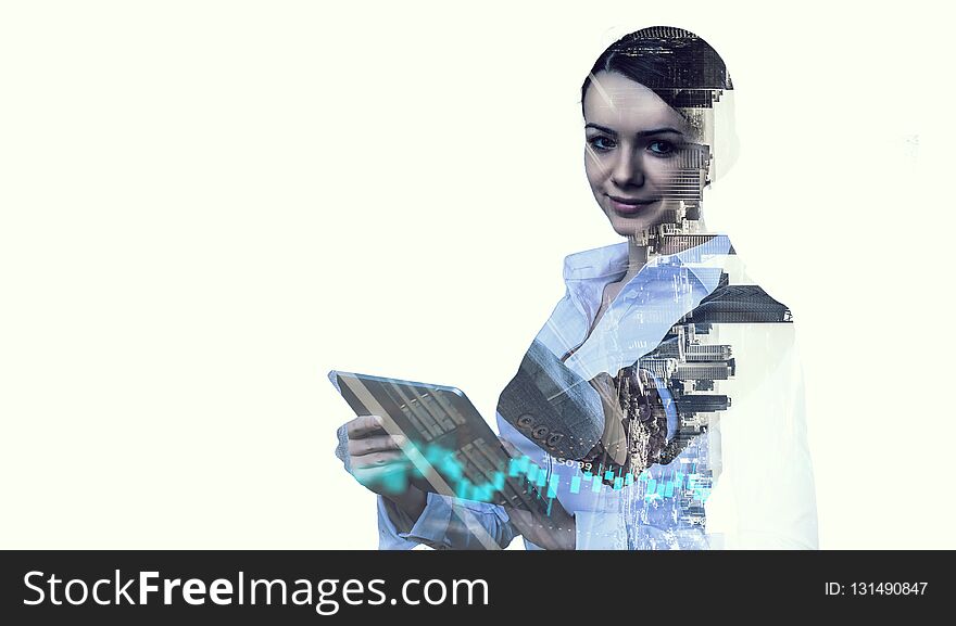 Double exposure of businesswoman with tablet and modern cityscape. Mixed media. Double exposure of businesswoman with tablet and modern cityscape. Mixed media