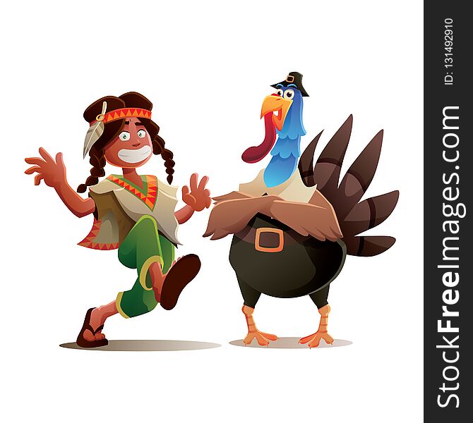 Thanksgiving Turkey and Indian Tribe Boy Character Design