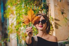 Young Girl In Sunglasses Holding A Leaf Royalty Free Stock Photography Young Girl In Sunglasses Holding A Leaf Royalty Free Stock Photography