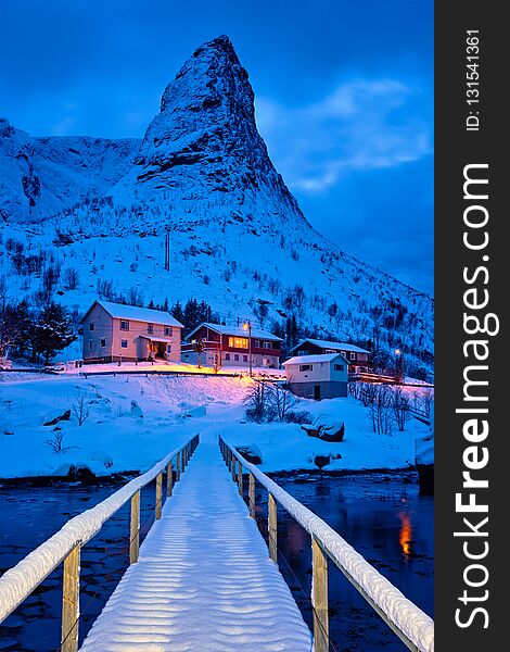 Reine Village At Night. Lofoten Islands, Norway