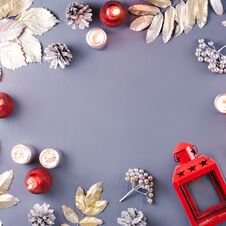 Winter Concept Flat Lay With Silver Leaves, Lantern, Candles And Hot Coffee. Christmas Frame Background Stock Photography