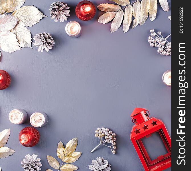 Winter Concept Flat Lay With Silver Leaves, Lantern, Candles And Hot Coffee. Christmas Frame Background