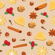 Christmas Seamless Pattern With Cookies And Spices. Royalty Free Stock Image