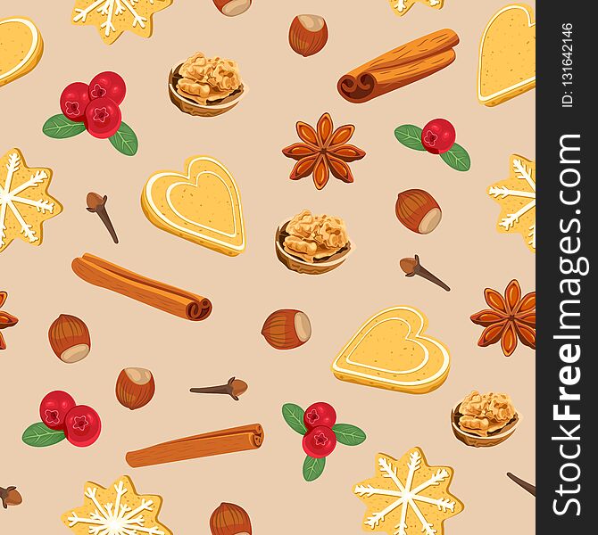 Seamless pattern with christmas cookies, nuts, branches of holly, cinnamon, citrus, anise and cloves. Seamless pattern with christmas cookies, nuts, branches of holly, cinnamon, citrus, anise and cloves