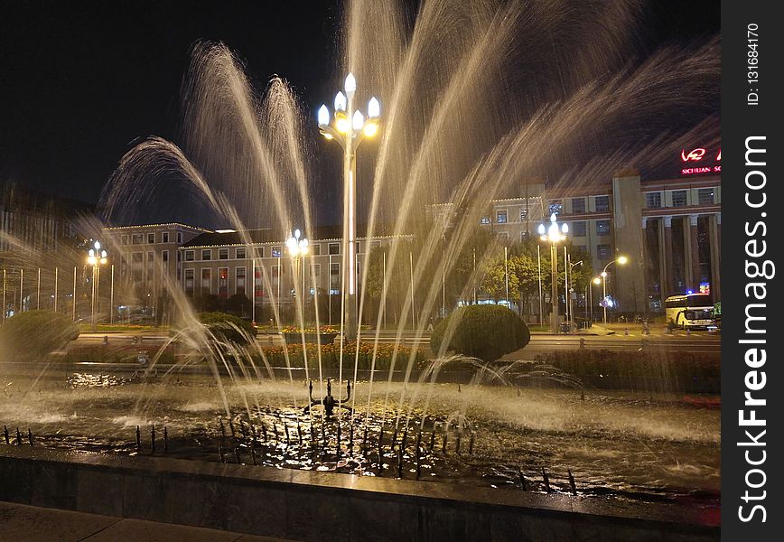 Fountain, Water, Water Feature, Night