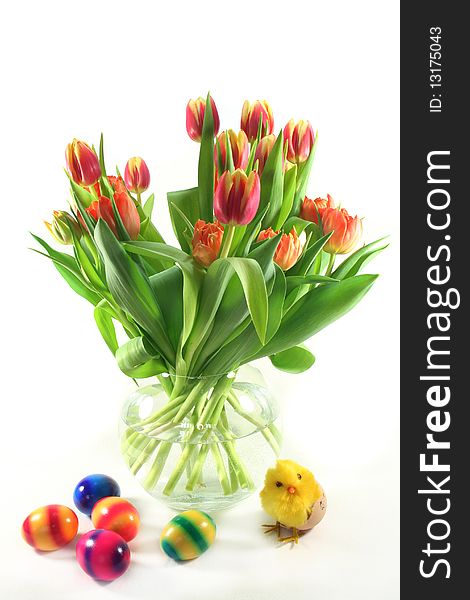 Bunch of tulips with Easter deko. Bunch of tulips with Easter deko