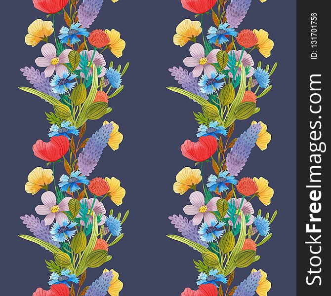 Wild Flowers Watercolor Pattern Set Illustration Seamless