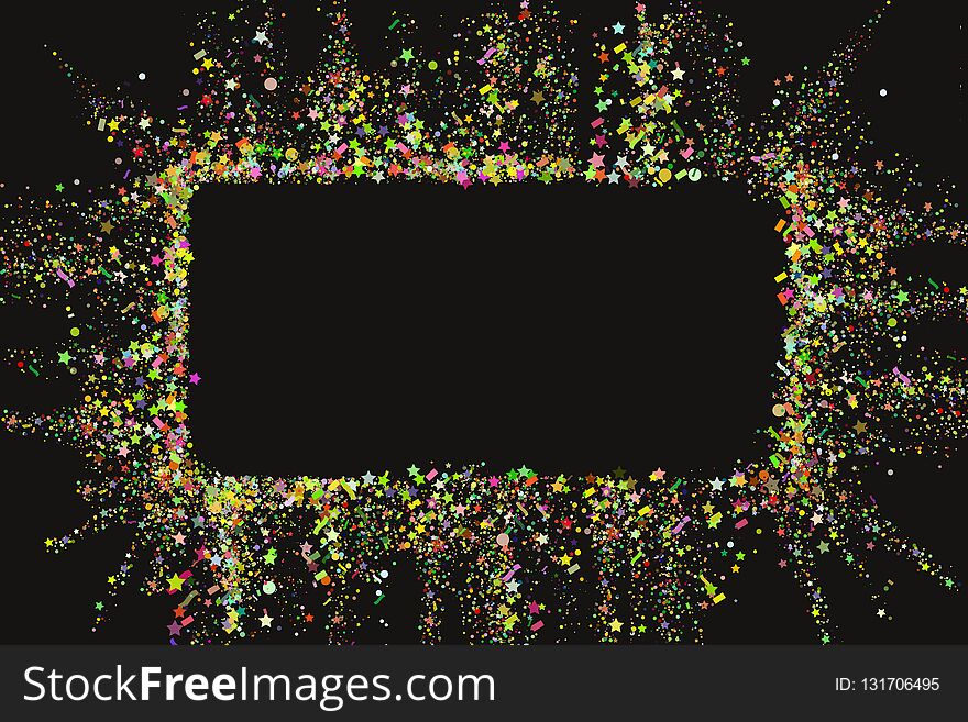 Gold glitter confetti texture banner with place for text on a black background. Golden explosion of confetti. Colorful