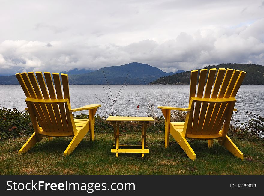 Empty deck chairs and ocean view