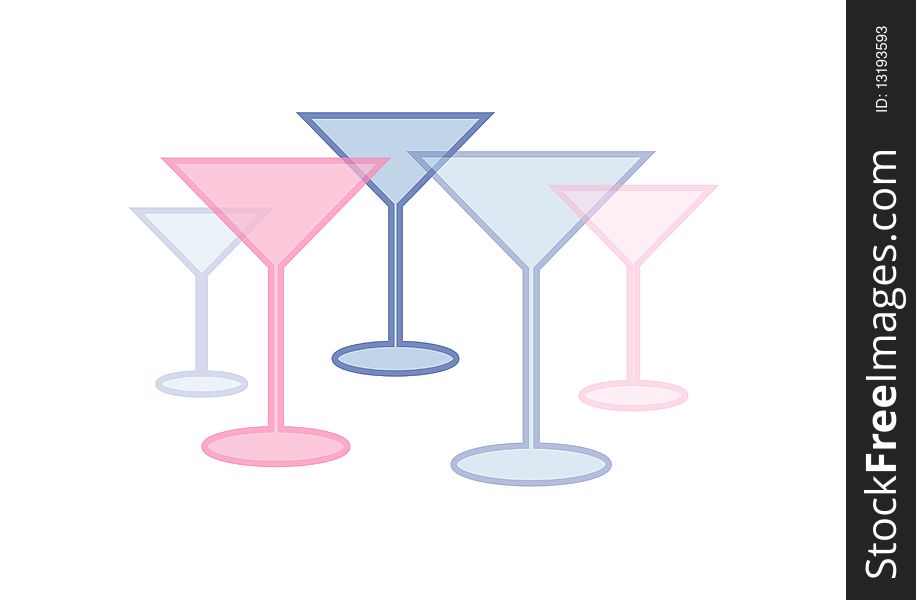 Set of five pastel-colored champagne / cocktail glasses