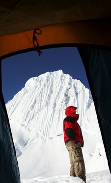 Climber And Alpamayo Peak From The Tent Stock Images