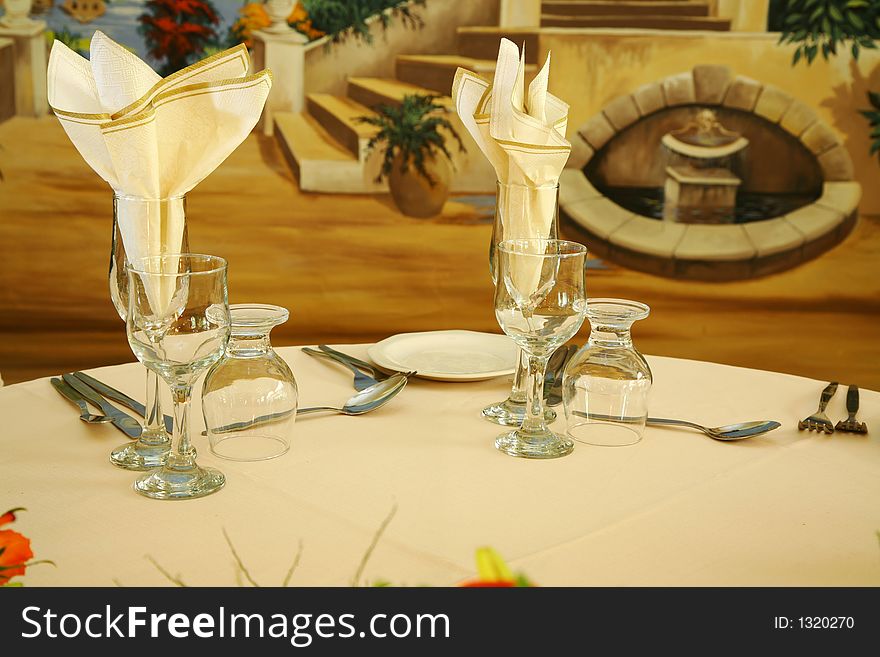 Table set for a dinner party or wedding. Table set for a dinner party or wedding