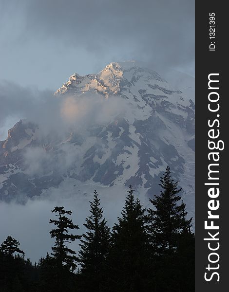 Mount Rainier from the Longmire area amongst clouds. Mount Rainier from the Longmire area amongst clouds