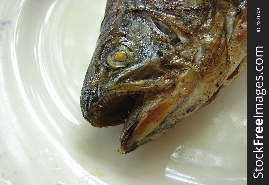 Close-up photography of fried fish. Expressive pose.