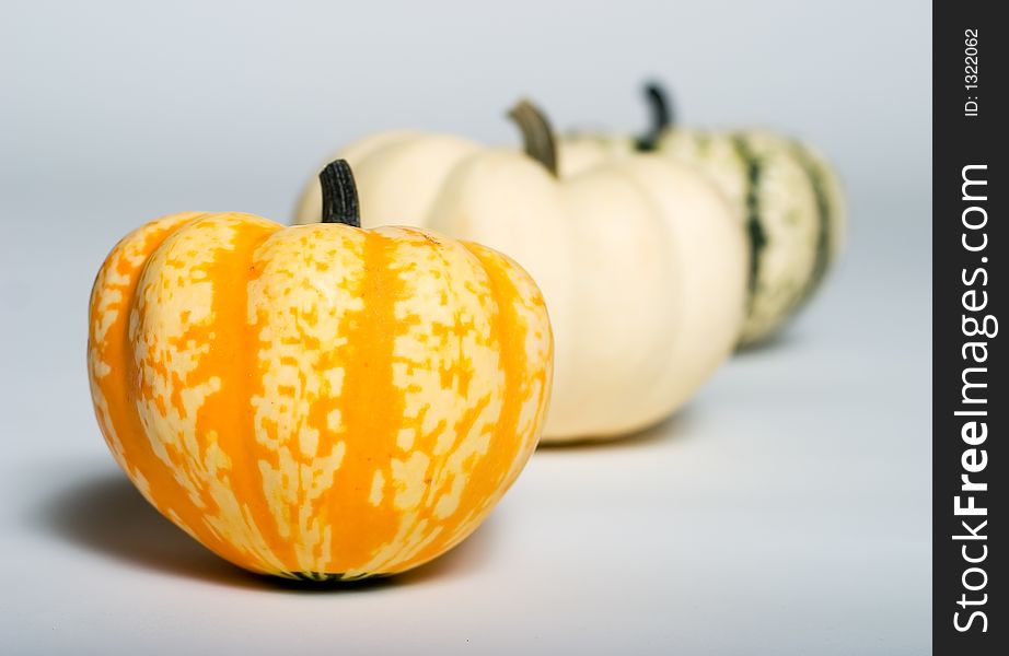 Three small pumpkins in a row with two out of focus. Three small pumpkins in a row with two out of focus