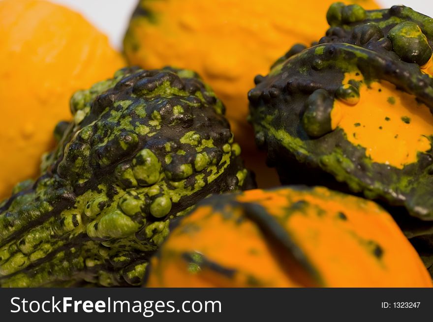 A bunch of colorful, bumpy looking, fall gourds.