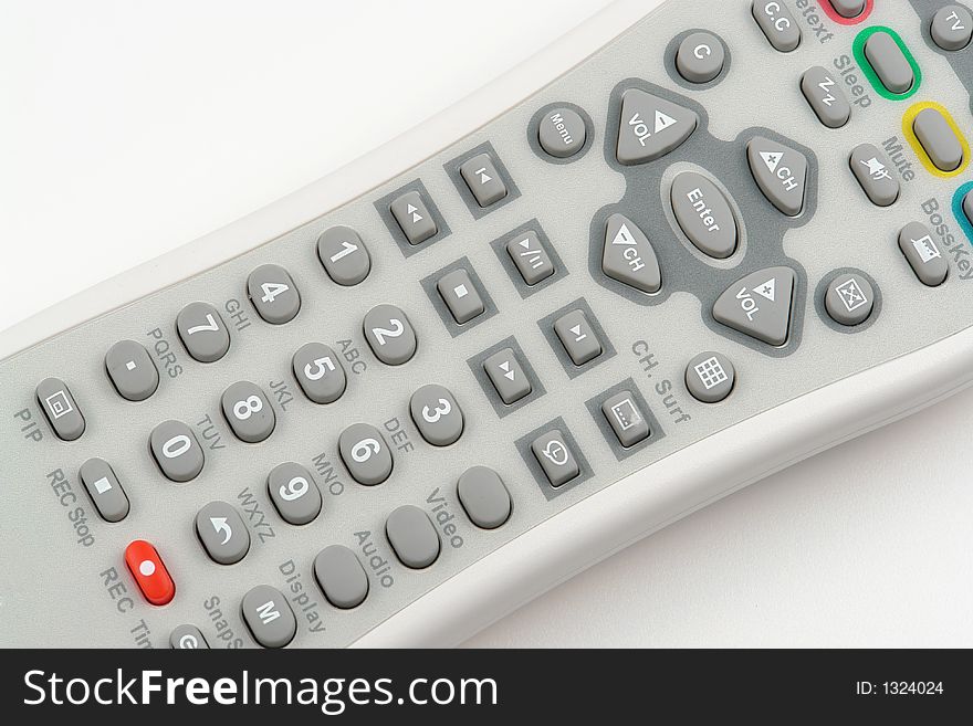 White remote control with grey and red buttons