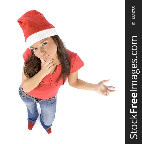Young and attractive female Santa thinking