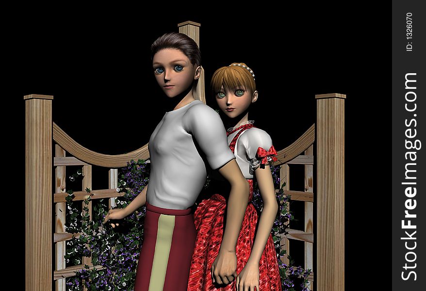 Young lovers in a Garden Trellis, 3d models, computer generated. Young lovers in a Garden Trellis, 3d models, computer generated