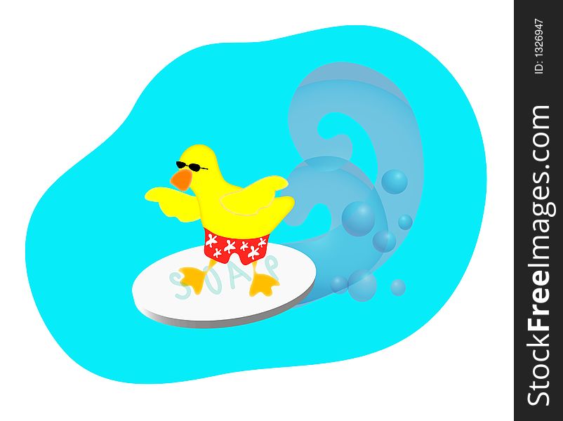 A yellow duck surfing a wave on a bar of soap, illustration. A yellow duck surfing a wave on a bar of soap, illustration.