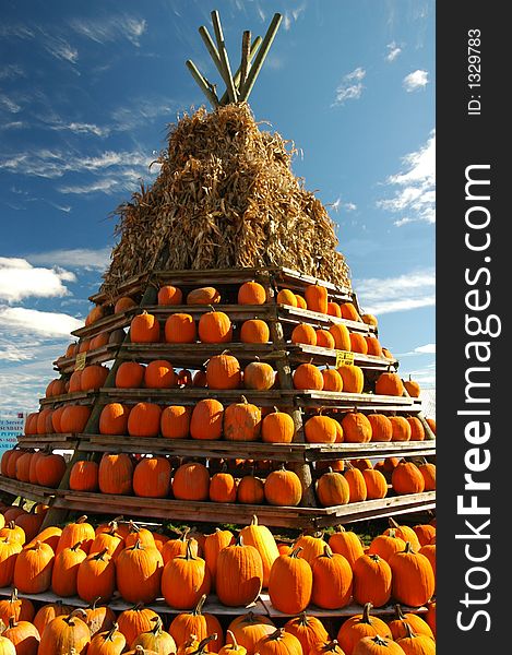 Pumpkins on a wigwam shaped display at pumpkin farm. Pumpkins on a wigwam shaped display at pumpkin farm