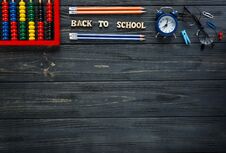 Back To School, Education Concept. Set Of Stationery On The Grey Wooden Background. Scores, Round Glasses, Pencils Stock Images