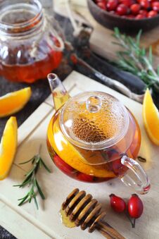 Healthy Winter Beverage. Rose Hip Tea With Oranges, Rosemary And Stock Image