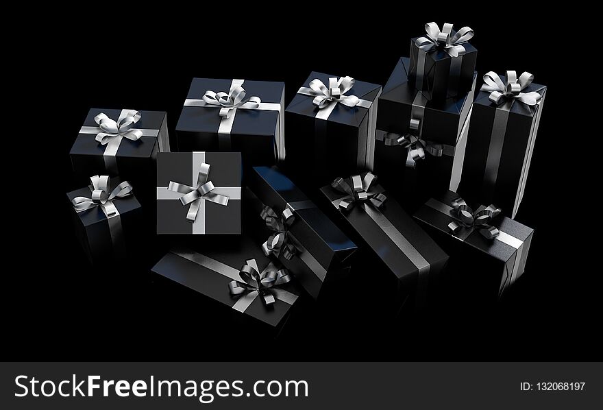 A scattered collection of various sized gift boxes wrapped in a shiny black paper and a silver ribbon and bow on an isolated dark studio background - 3D render. A scattered collection of various sized gift boxes wrapped in a shiny black paper and a silver ribbon and bow on an isolated dark studio background - 3D render