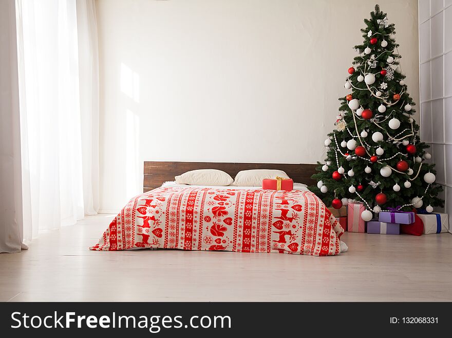 Bedroom Decor Christmas New Year Tree Bed Presents The Background Of The Interior