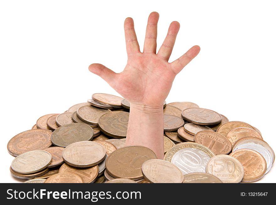 The man's hand is visible from several coins. The man's hand is visible from several coins
