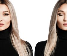 Beautiful Portrait Of Blonde Woman Composition With Closed And Open Eyes On White Stock Image